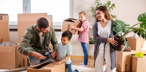 This image: stock image of a young family unpacking boxes 
					 in their new home. The map: the map shows an artist's sketch of 
					 how the proposed site may look, overlaid with interactive markers 
					 detailing the sustainable design of the new homes.